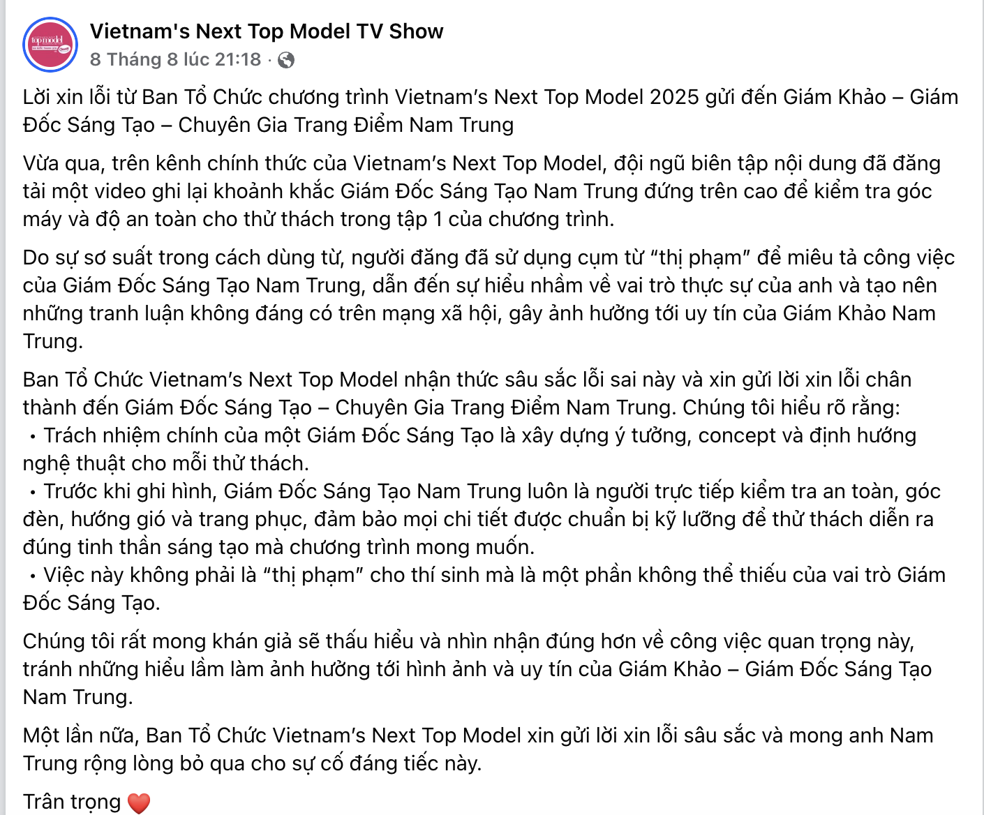 Ban tổ chức công khai xin lỗi Nam Trung trên fanpage chính thức