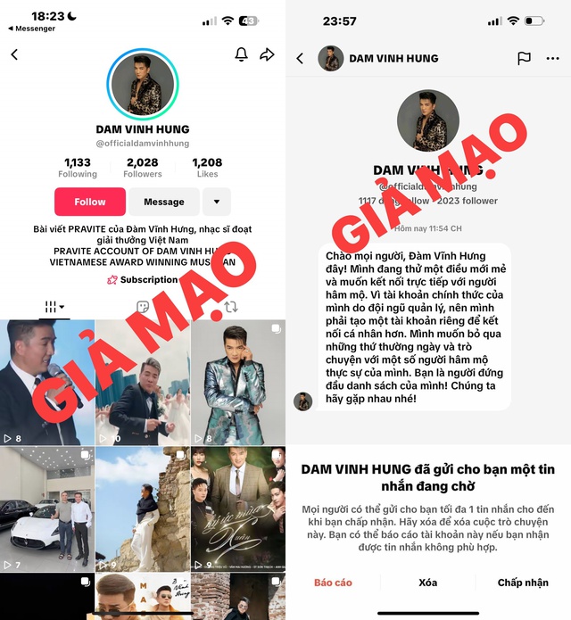 Đàm Vĩnh Hưng cho biết đây là 2 kênh TikTok giả mạo anh