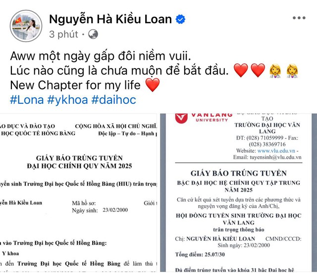 Á hậu Kiều Loan thông báo trúng tuyển ngành Y khoa