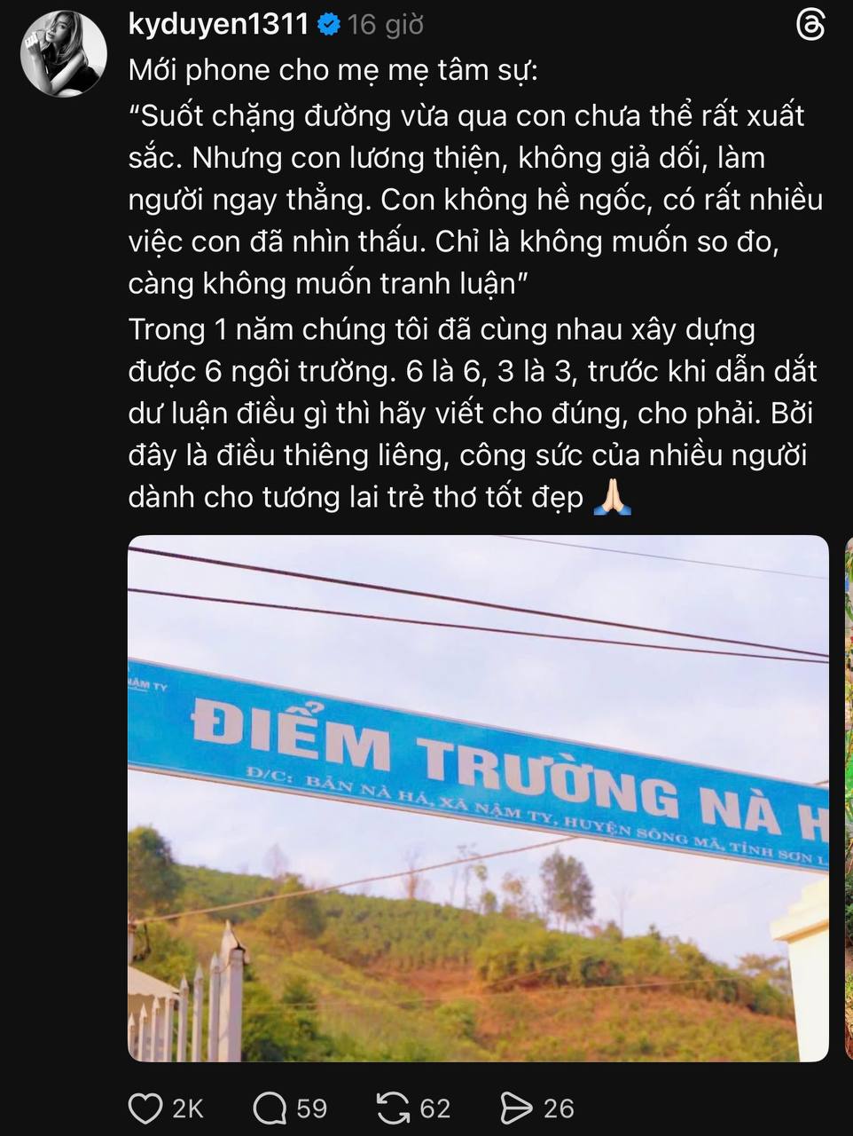 Hoa hậu Kỳ Duyên lên tiếng cho biết đã xây dựng 6 trường học trong 1 năm qua