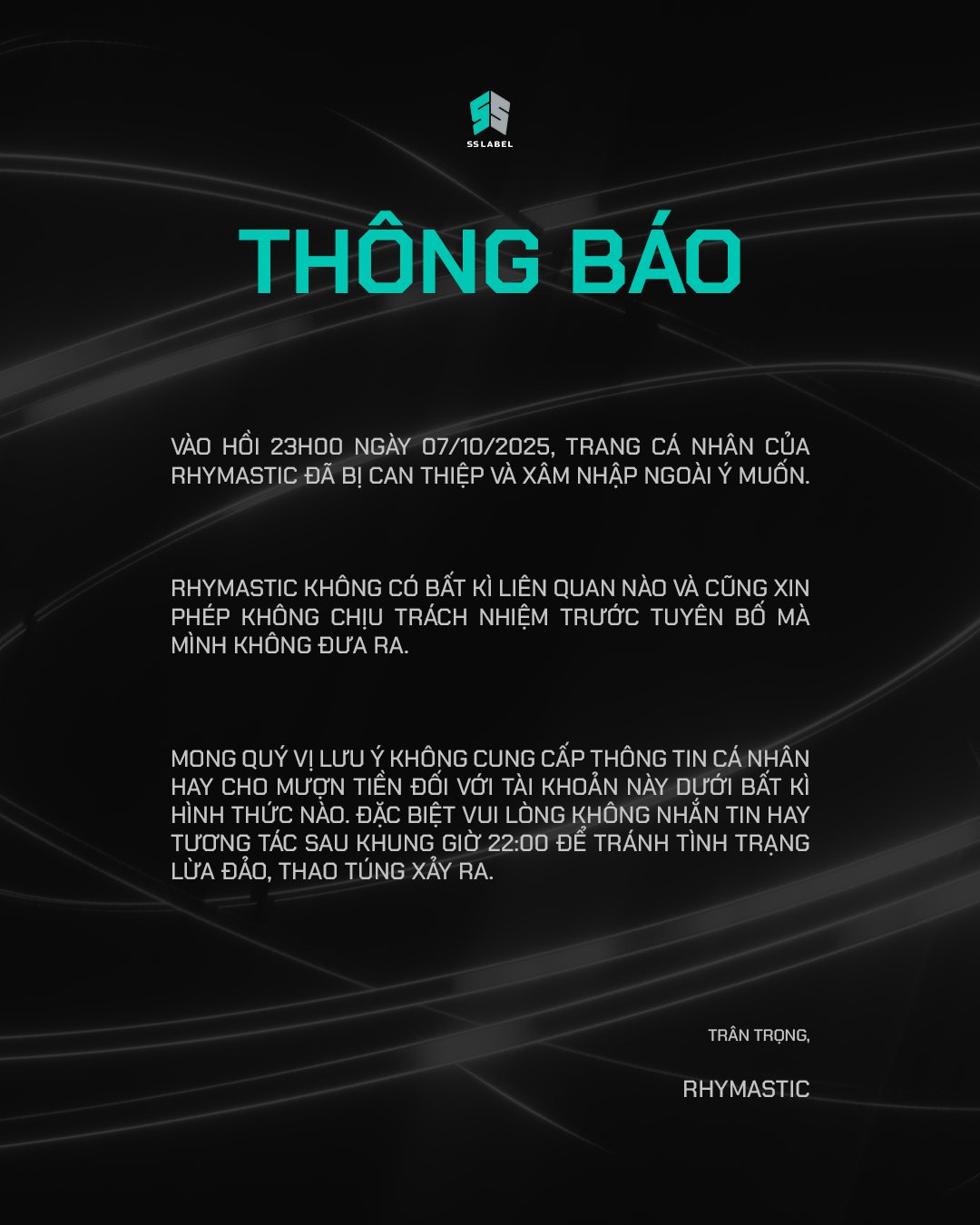 Thông báo trang cá nhân Rhymastic bị hack