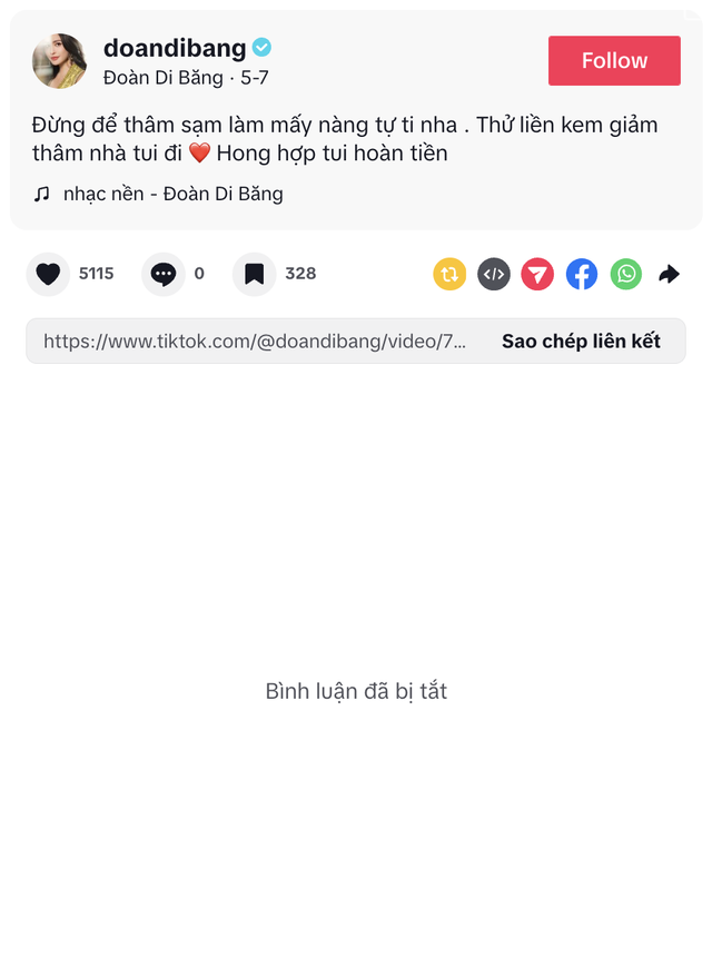 Kênh TikTok Đoàn Di Băng khóa bình luận Kênh TikTok khóa bình luận