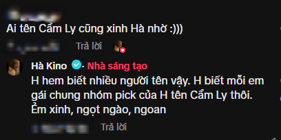 Hà Kino công khai khen Á hậu Cẩm Ly dưới phần bình luận