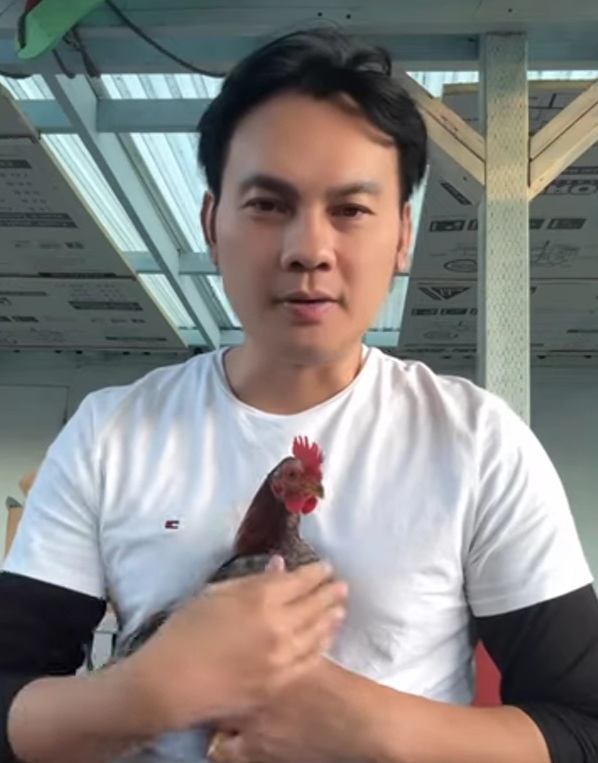 Kim Tiểu Long bên đàn gà trong vườn