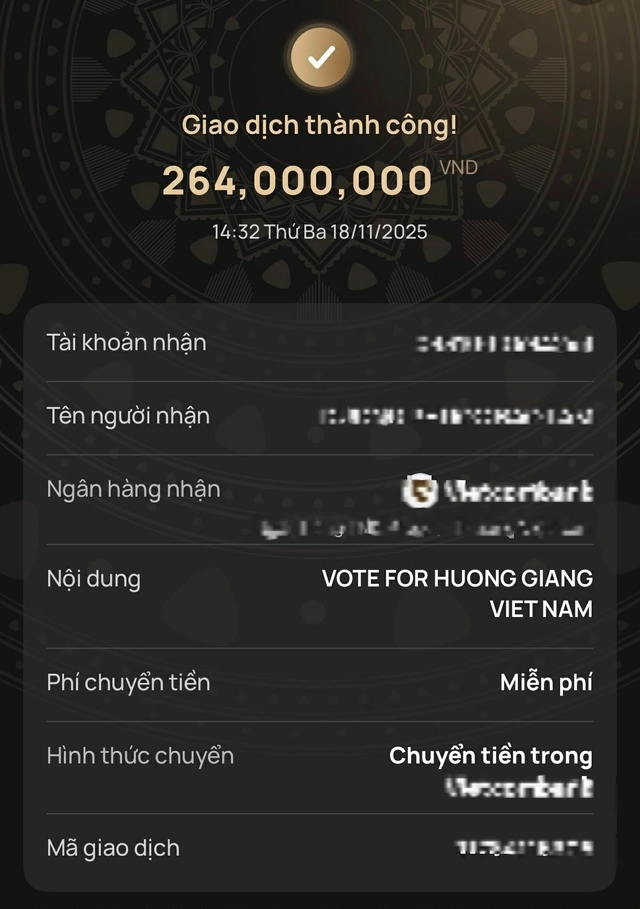 Ca sĩ Hòa Minzy đã chuyển khoản số tiền hơn 200 triệu để mua 50.000 vote cho Hương Giang