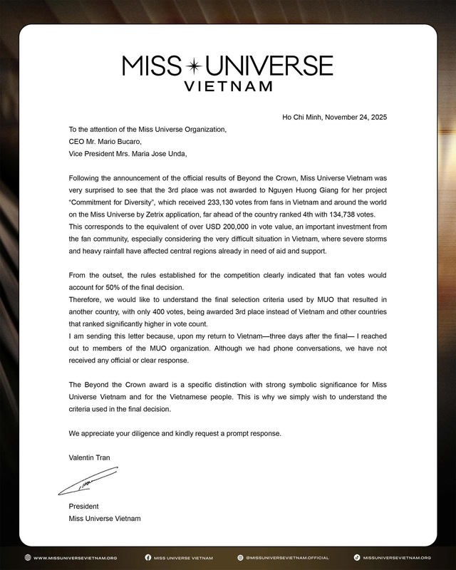 Chủ tịch Miss Universe Vietnam thông báo đã gửi công văn chính thức tới Tổ chức Miss Universe (MUO) để làm rõ kết quả giải phụ Beyond The Crown