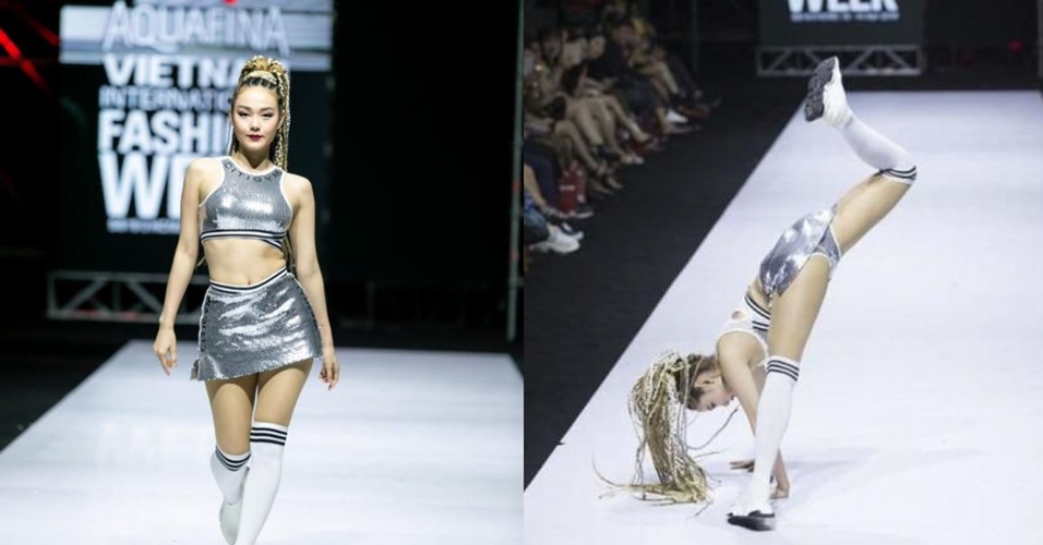 Minh Hằng và cú lộn mèo Minh Hằng biểu diễn trên sàn catwalk